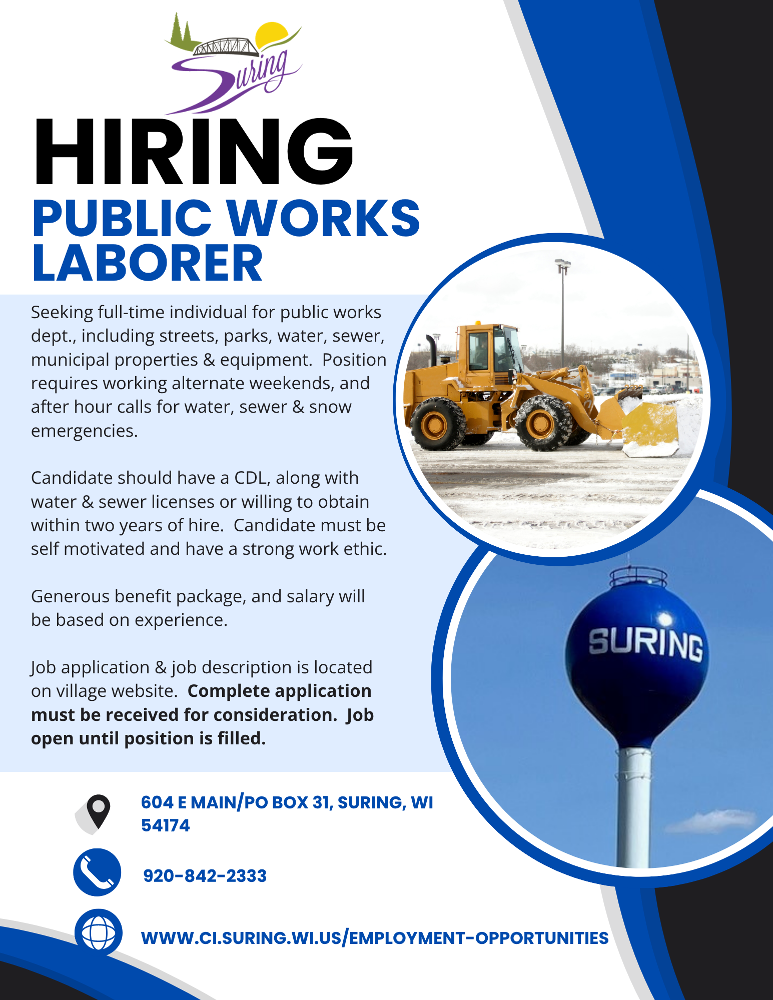 Hiring flyer for Suring Public Works Laborer; full-time, CDL and water/sewer licenses required; weekend and after-hours call.